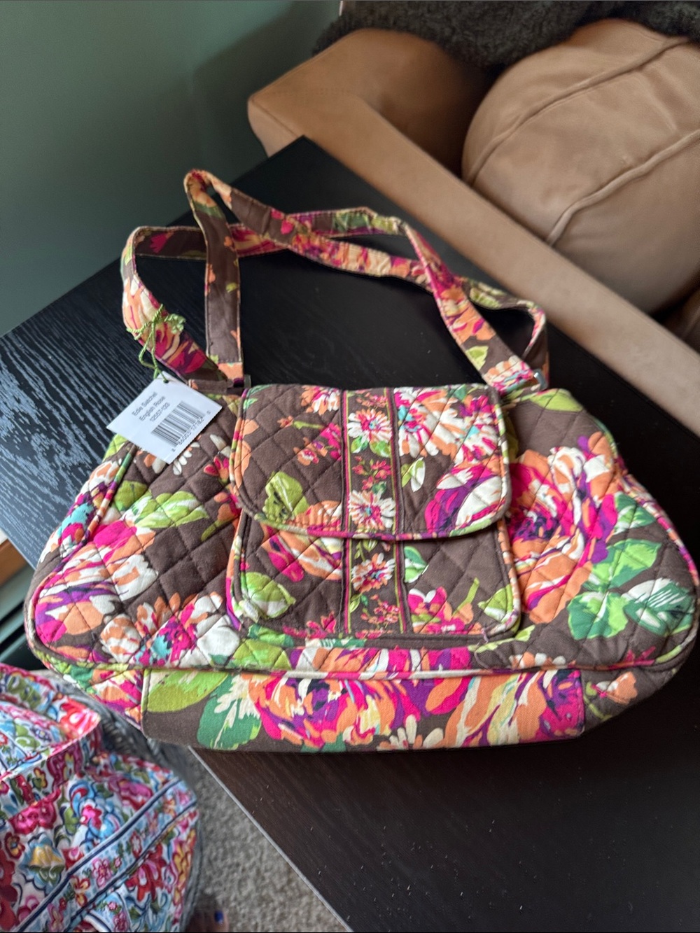 Vera Bradley Brown Quilted Shoulder Bag with Pink, Orange & Green Floral Print